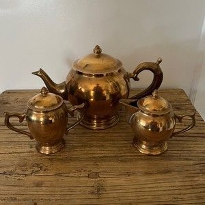 Vintage 3 Piece Taiwan Brass with Wooden Handle Hollywood Regency Tea Set